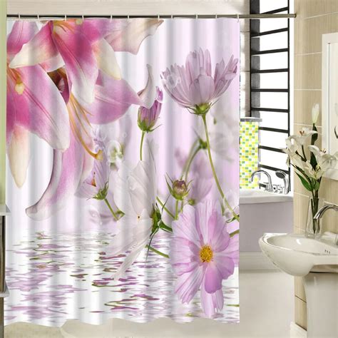 Polyester Fabric Shower Curtain Pink Floral Pattern 3d Print Bathroom