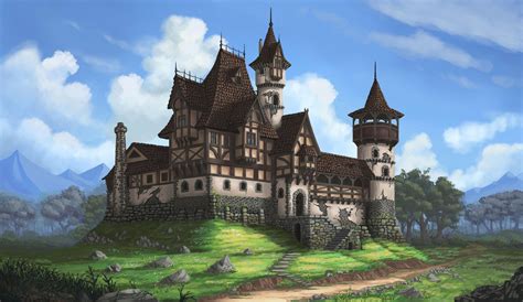 A Painting Of A Castle In The Middle Of A Green Field With Trees And