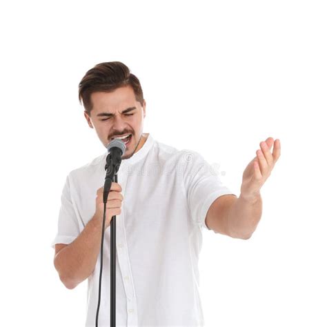 Young Handsome Man Singing In Microphone On White Stock Image Image
