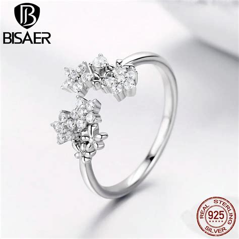 BISAER Sterling Silver Shining Star Clear Cubic Zircon Star Women Rings Wedding Jewelry