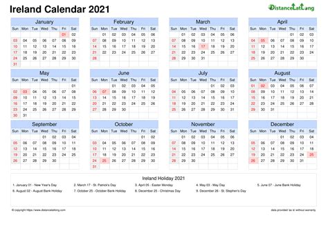 Calendar Horizontal Grid Sunday To Saturday Bank Holiday Ireland A4