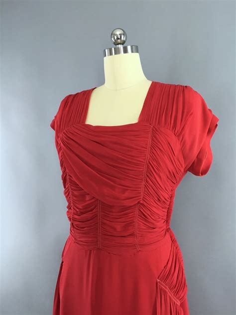 Vintage 1930s Dress Red Silk Chiffon Maxi Dress