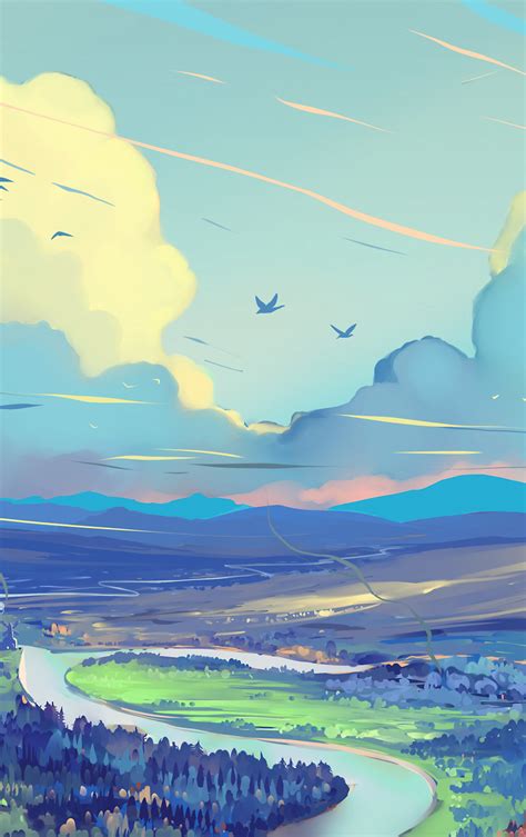 Download Wallpaper 840x1336 Forest Landscape River Clouds Sky Art