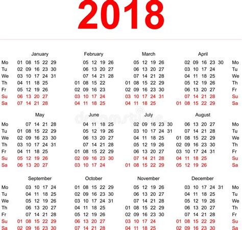 Plantilla De 2018 Calendarios Semanas Verticales Primer Día Lunes