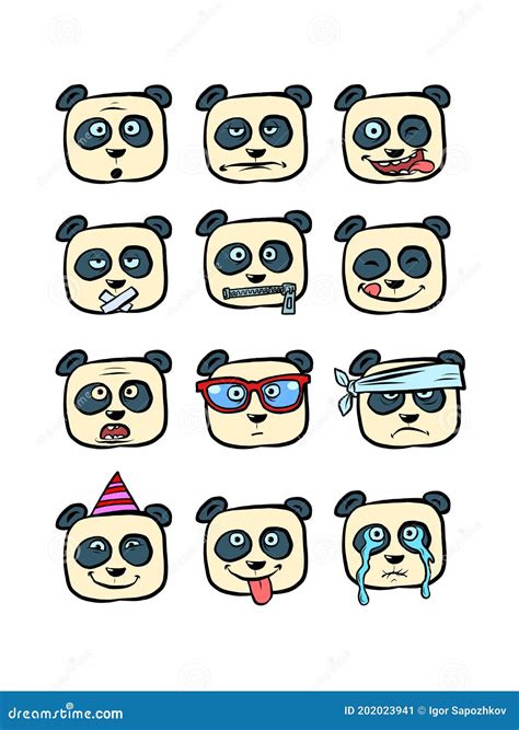 Panda Emoji Vector Set Big Cute Panda Bear Face Emoticon In Angry And