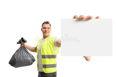 Waste Collector Holding A Bin Bag And A Blank Card Stock Photo Image