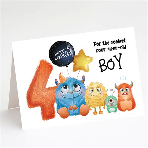 Printable Happy Birthday To The Coolest 4 Year Old Boy Card Etsy Uk