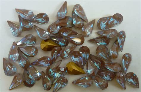 4 Rare Vintage Glass Rhinestones Pear Saphiret Gold Ttc Foiled Pb
