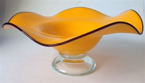 Vintage Blenko Art Glass Opaline Yellow Ruffled Compote Bowl Footed Pedestal Blenko Glass