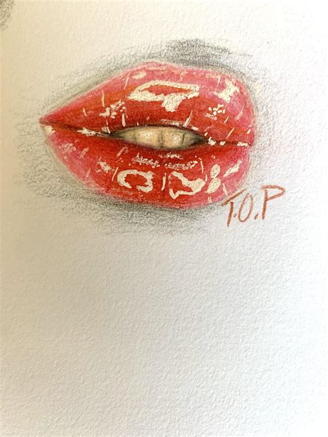 Glossy lips, me, Colored Pencils and White pen on paper, 2019 : Art