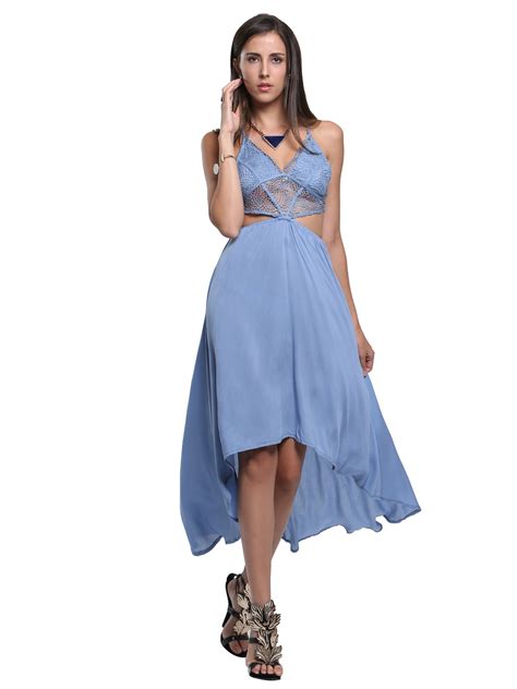 Blue Lace Top Cut Out Backless Hi-lo Dress | Choies