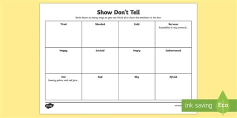 Show Dont Tell Activity Sheet Cfe Writingshow Dont
