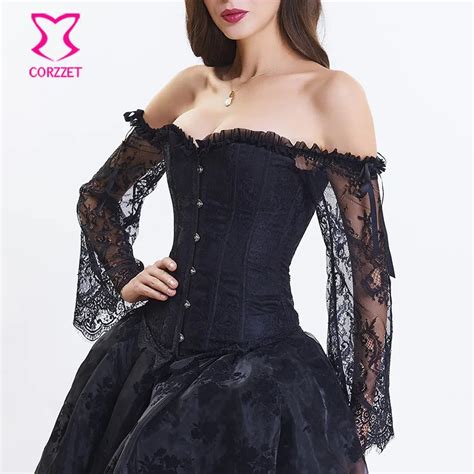 sexy gothic black long lace fare sleeve overbust corsets and bustier waist trainer vintage