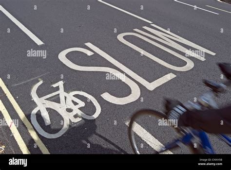 British Road Markings Indicating A Cycle Lane And That Traffic Should