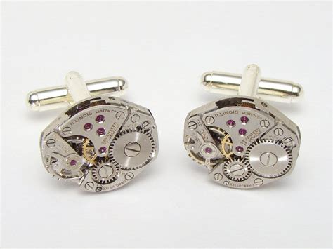 Steampunk Cufflinks Silver Illinois Watch Movements Gears Mens Wedding