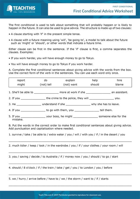 First Conditional Advice Worksheet Esl First Conditional Worksheet