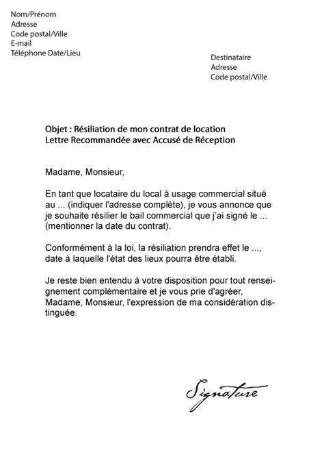 Lettre de résiliation Bail Commercial Modèle de Lettre