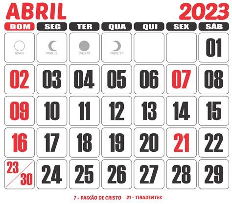 Abril 2023 Calendário Png Com Feriado Para Baixar E Imprimir