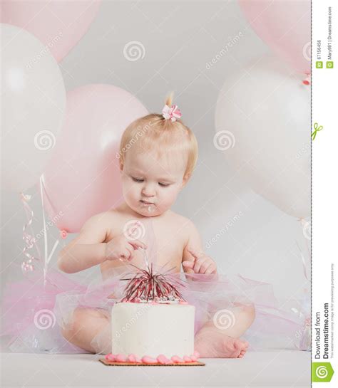 One Year Old Birthday Portraits With Smash Cake Stock Photo Image Of