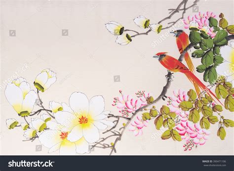 Traditional Chinese Painting Flowers Two Birds Stock