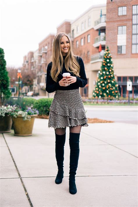 Tweed Skirt Outfit Ideas Over The Knee Boot Outfits With Tweed Wrap