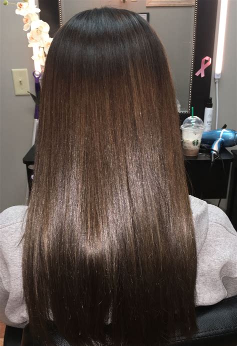 Smooth Blow Out On Brown Shiny Hair Hair Color Experts Long Hair