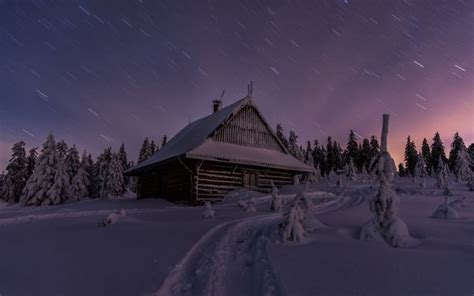Cabin On Starry Winter Night Hd Wallpaper Background Image 2048x1204