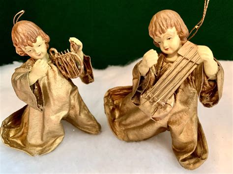 Two Vintage Paper Mache Musical Angel Cherub Ornamentsgold Etsy