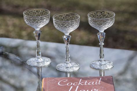 vintage crystal etched cocktail martini glasses set of 3 etsy crystal cocktail glasses
