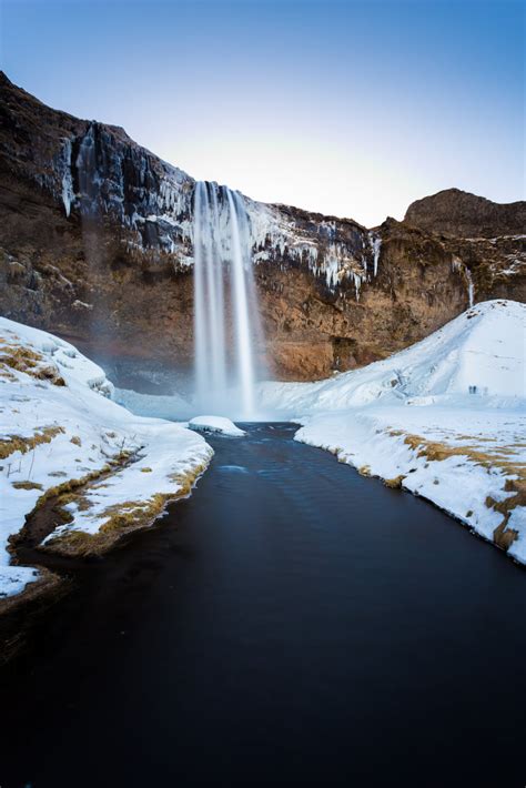 Snow Coated Cascading Brown Rock Waterfall And River Photo Iceland Hd