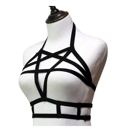 Womens Sexy Goth Pentagram Harness Strappy Body Caged Bra Halloween