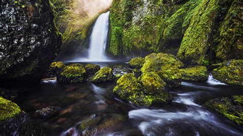 Download Wallpaper 1600x900 Waterfall Landscape Green Rocks Stream