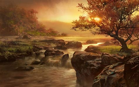 Sunset Trees Waterfall And Rocks Wallpapers Sunset Trees