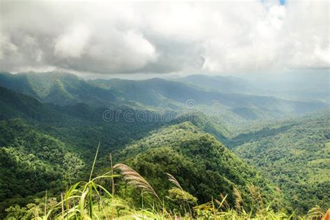 Green Mountain Peak Top View With Cloud Sky Shadow Background Landscape
