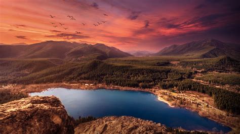 Lake 4k Wallpaper Sunset Mountains Landscape Birds
