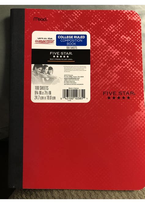 Five Star College Ruled Composition Notebook Red - D3 Surplus Outlet