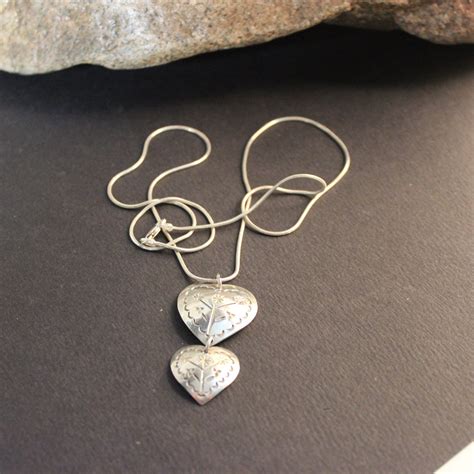 Vintage Navajo Silver Double Heart Pendant Necklace Grams Snake