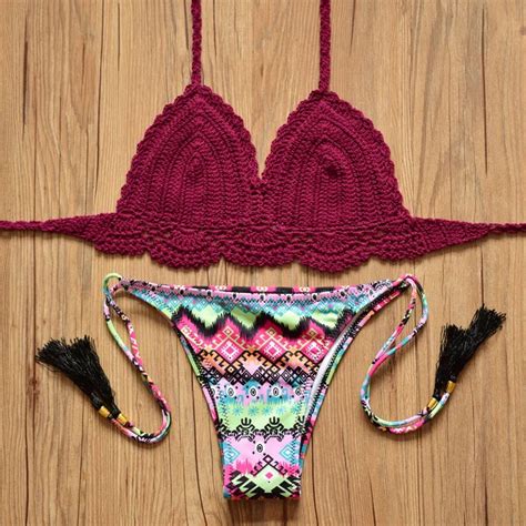 hand crocheted bikini set printed swimsuit women sexy my xxx hot girl