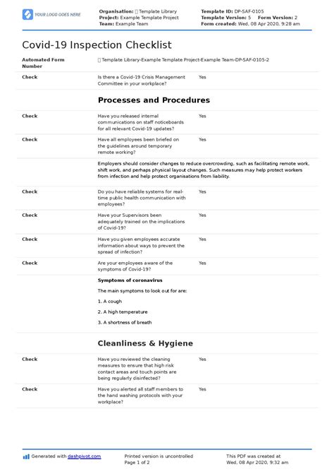 Covid 19 Inspection Checklist Template Free And Customisable
