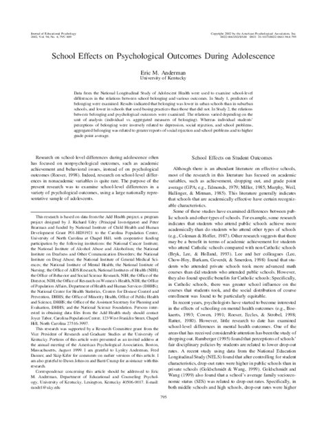 Pdf School Effects On Psychological Outcomes During Adolescence