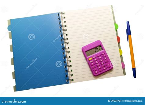 La Libreta La Pluma Y La Calculadora En Blanco Aislaron El Fondo Foto