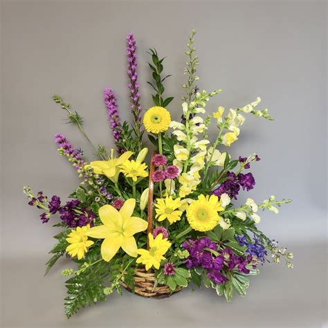 Online around the corner or around the world; Basket of Purple & Yellow Flowers | Flower delivery ...