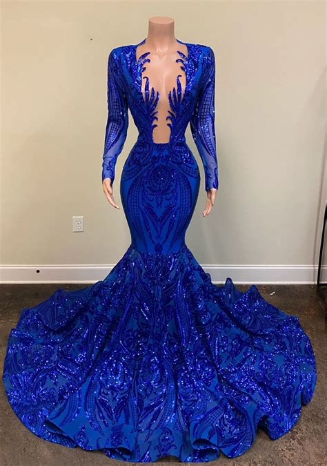 shiny long evening dresses 2021 sexy mermaid long sleeve sheer neckline royal blue mermaid