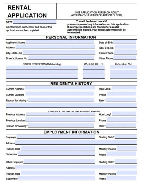 Tenant Application Form Apartment Rental Application Rental