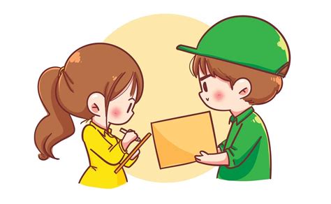 Delivery Man With Parcel Box Give To Woman Costumer Cartoon Art