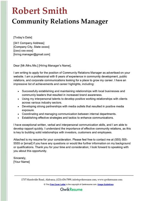 Community Relations Manager Cover Letter Examples Qwikresume
