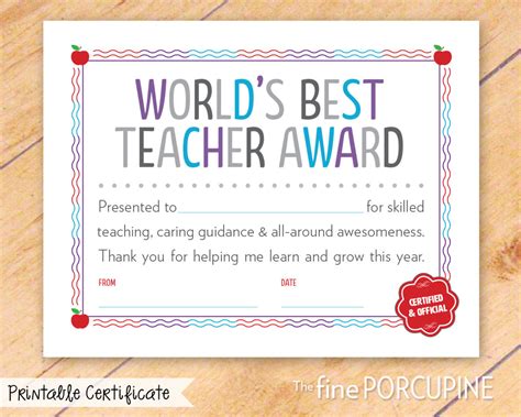 Worlds Best Teacher Award Printable Certificate