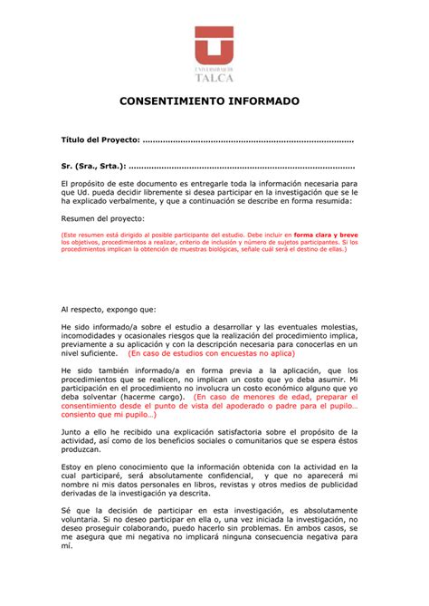 Acta De Consentimiento Informado Para Participar En