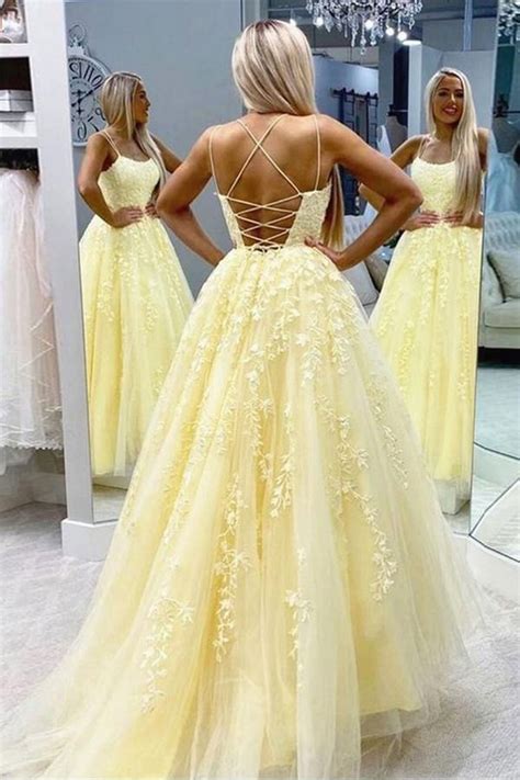 A Line Round Neck Yellow Tulle Lace Prom Dresses Formal Dresses Psk032 Cheap Prom Dresses Long