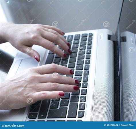 Woman Typing On Laptop Pc Stock Photo Image Of Cosmetics 125290804